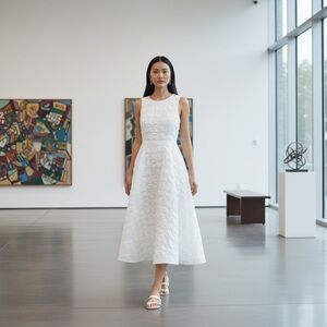 White textured geometric midi sleeveless fit flare dress elegant minimal wedding